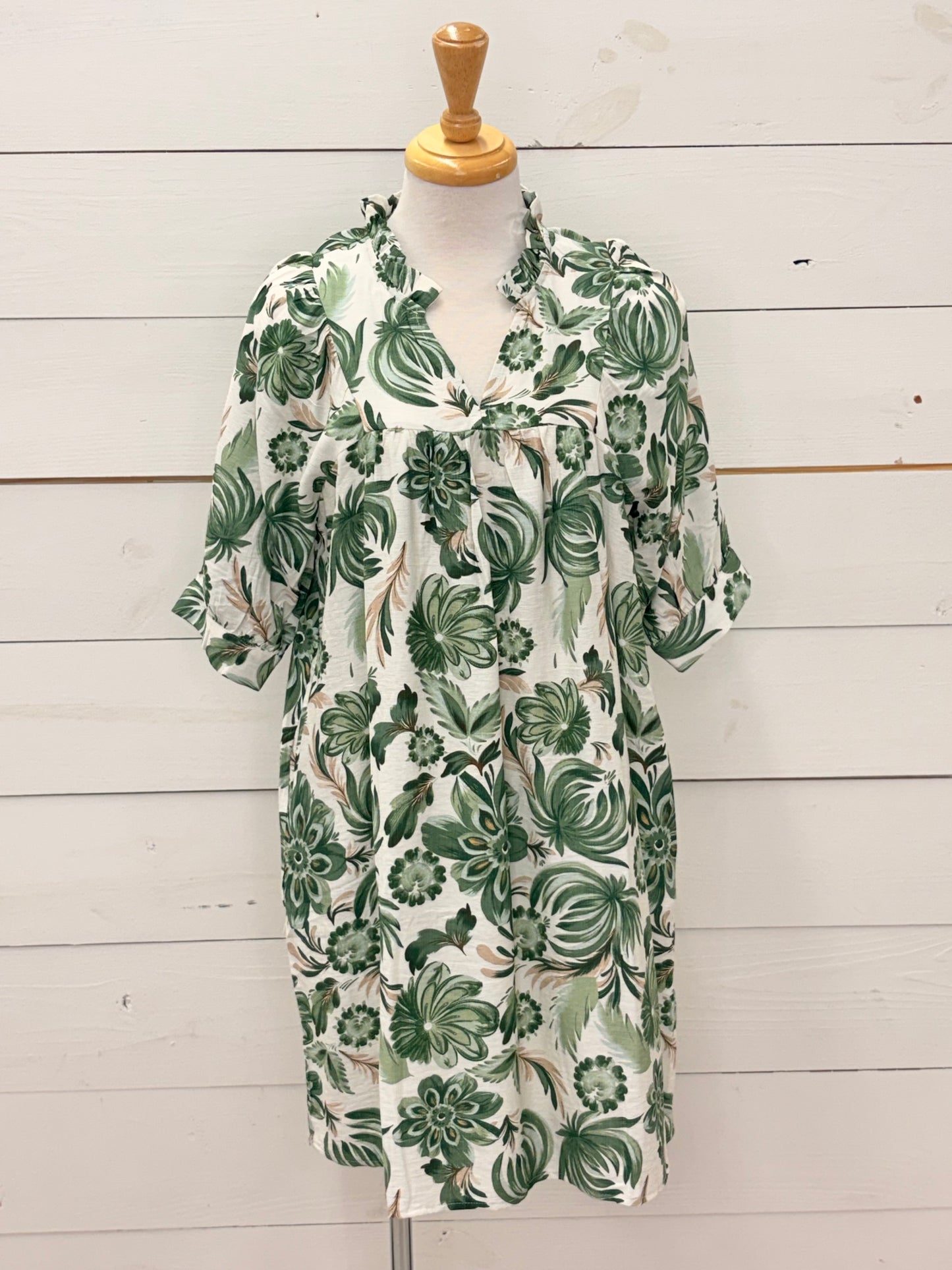 OLIVE RFFL ELBOW SLV DRESS