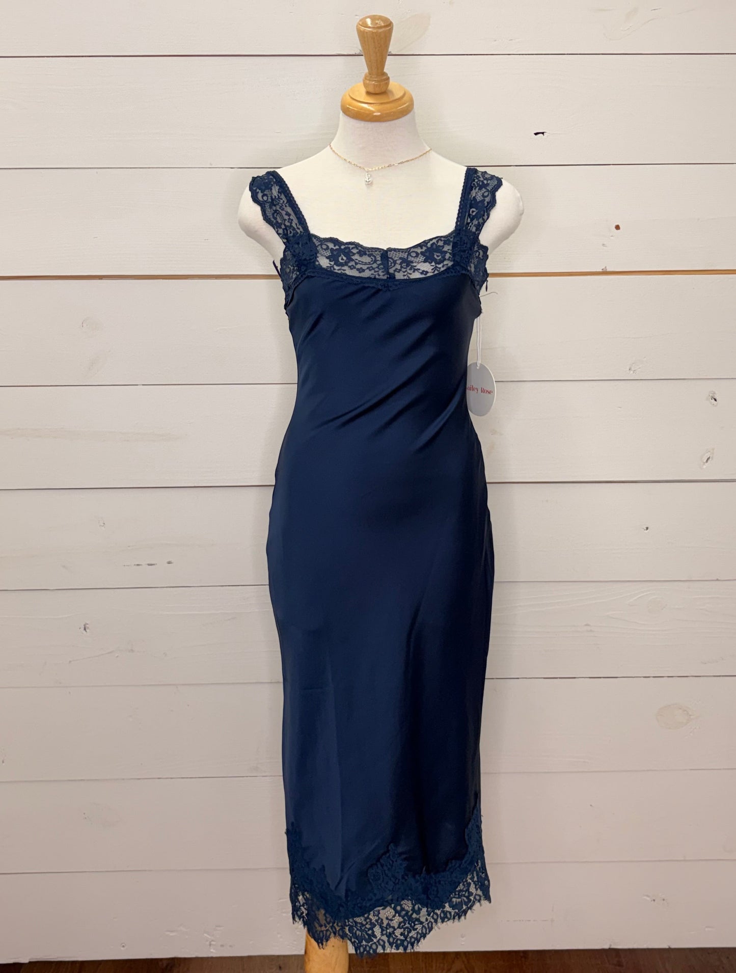NAVY SATIN LACE TRIM MAXI DRESS