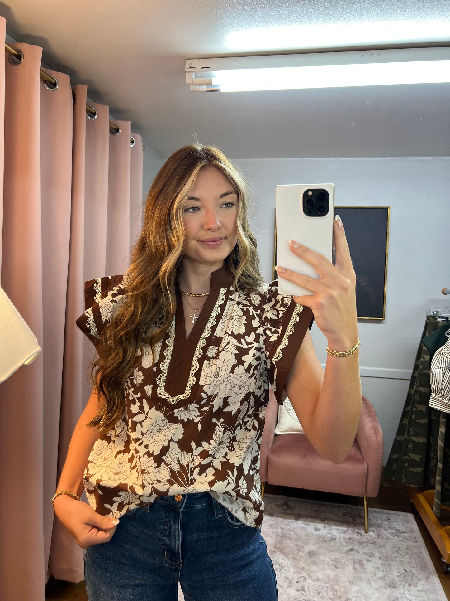 BROWN FLORAL LACE TRIM TOP