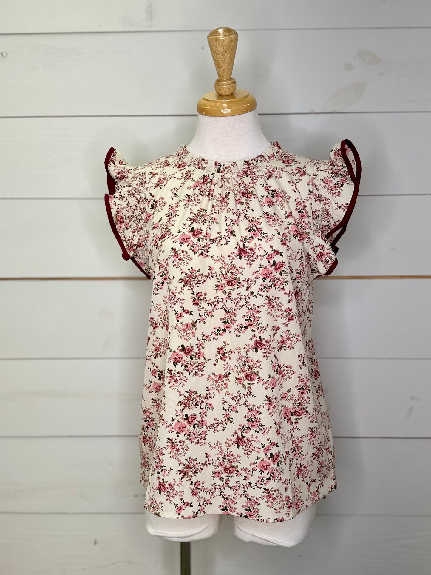 PINK SMOCK RFFL SS BLOUSE