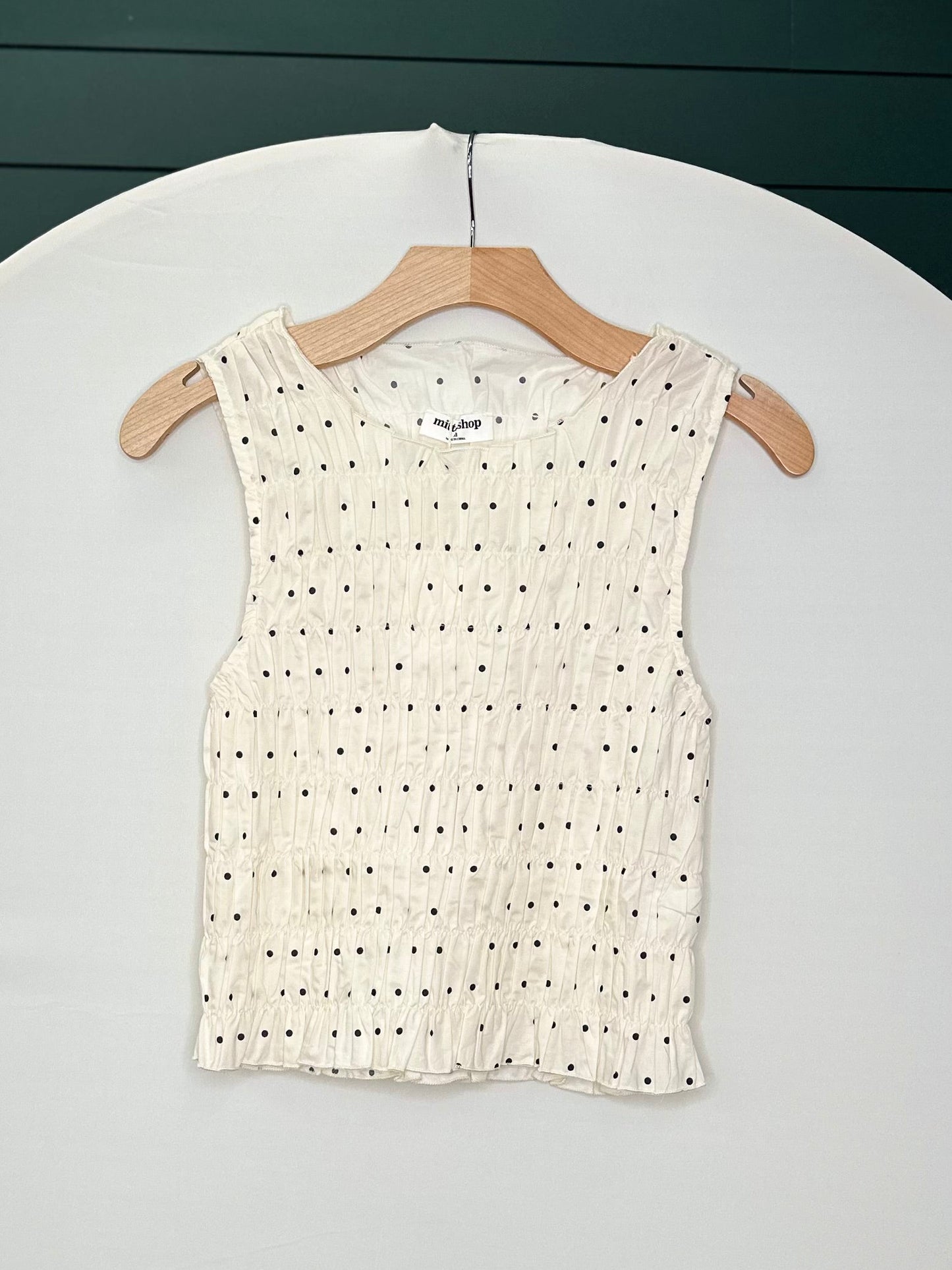Smocked ivory/black polkadot tank