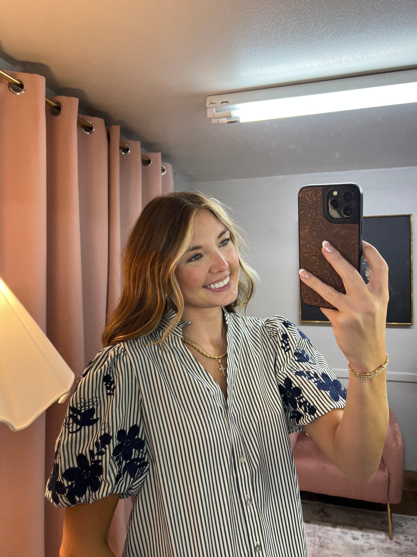 NAVY STRIPED BUTTON UP FLORAL EMBROIDERED BLOUSE