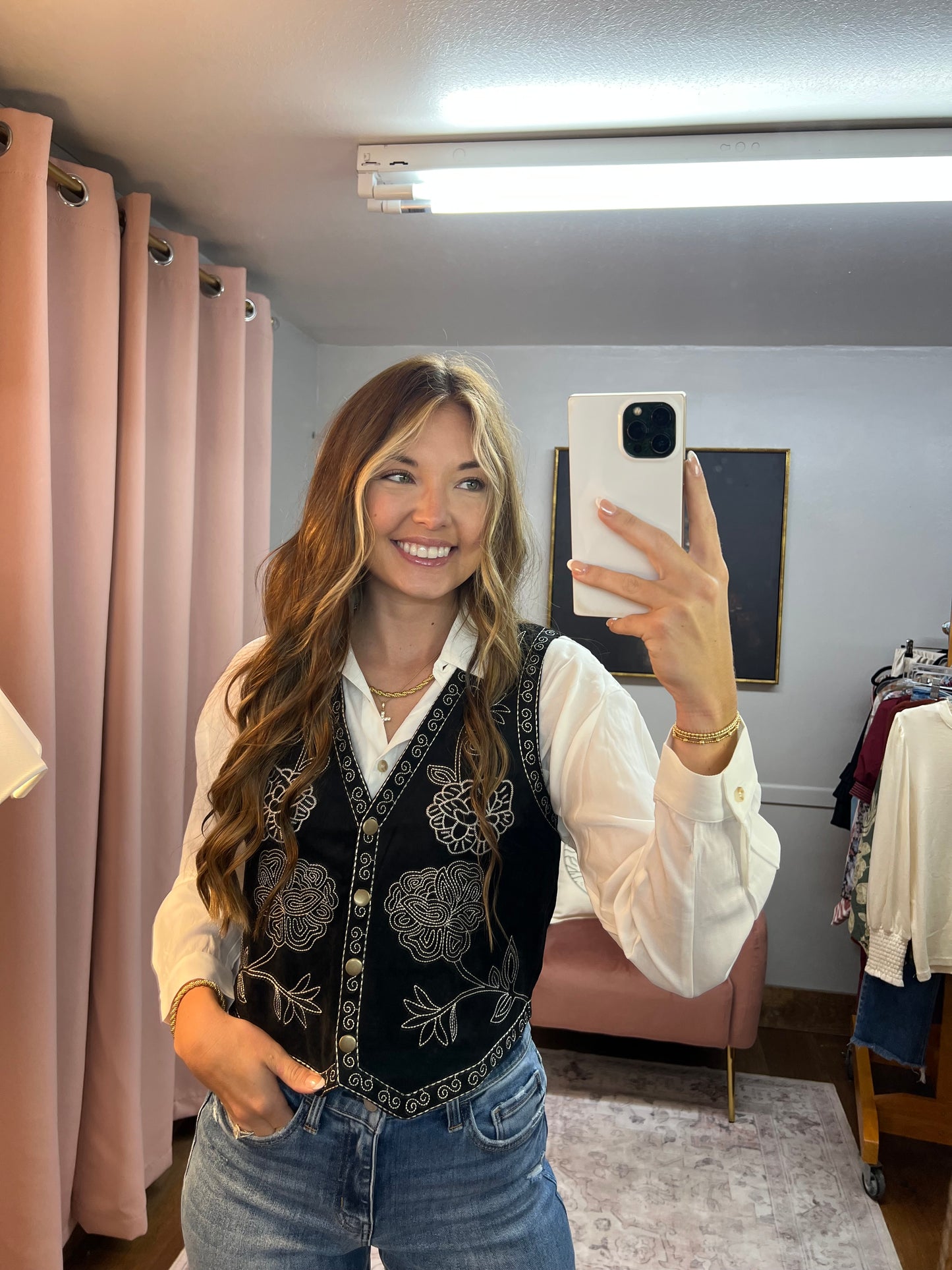 BLACK SUEDE FLORAL EMBROIDERED VEST