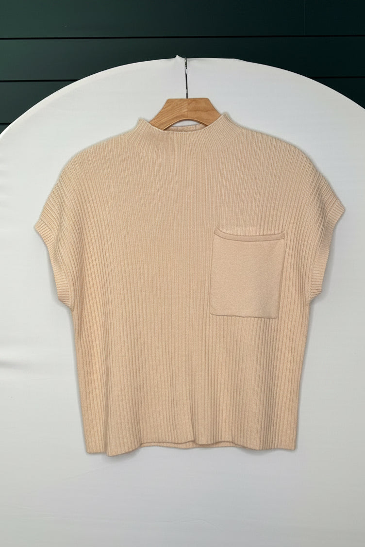 Oatmeal ribbed short sleeve sweater