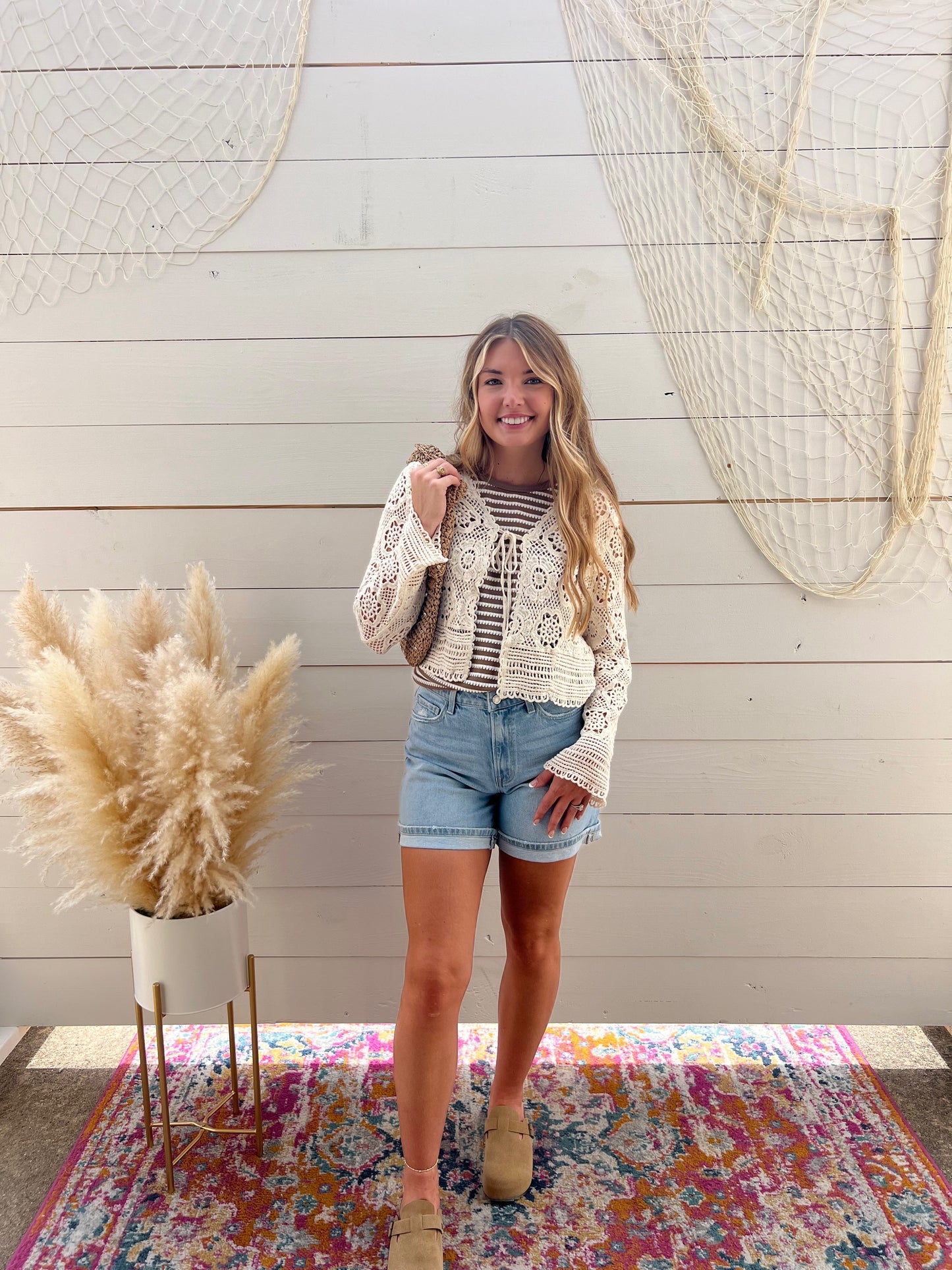 BEIGE CROCHET TIE FRONT CARDIGAN