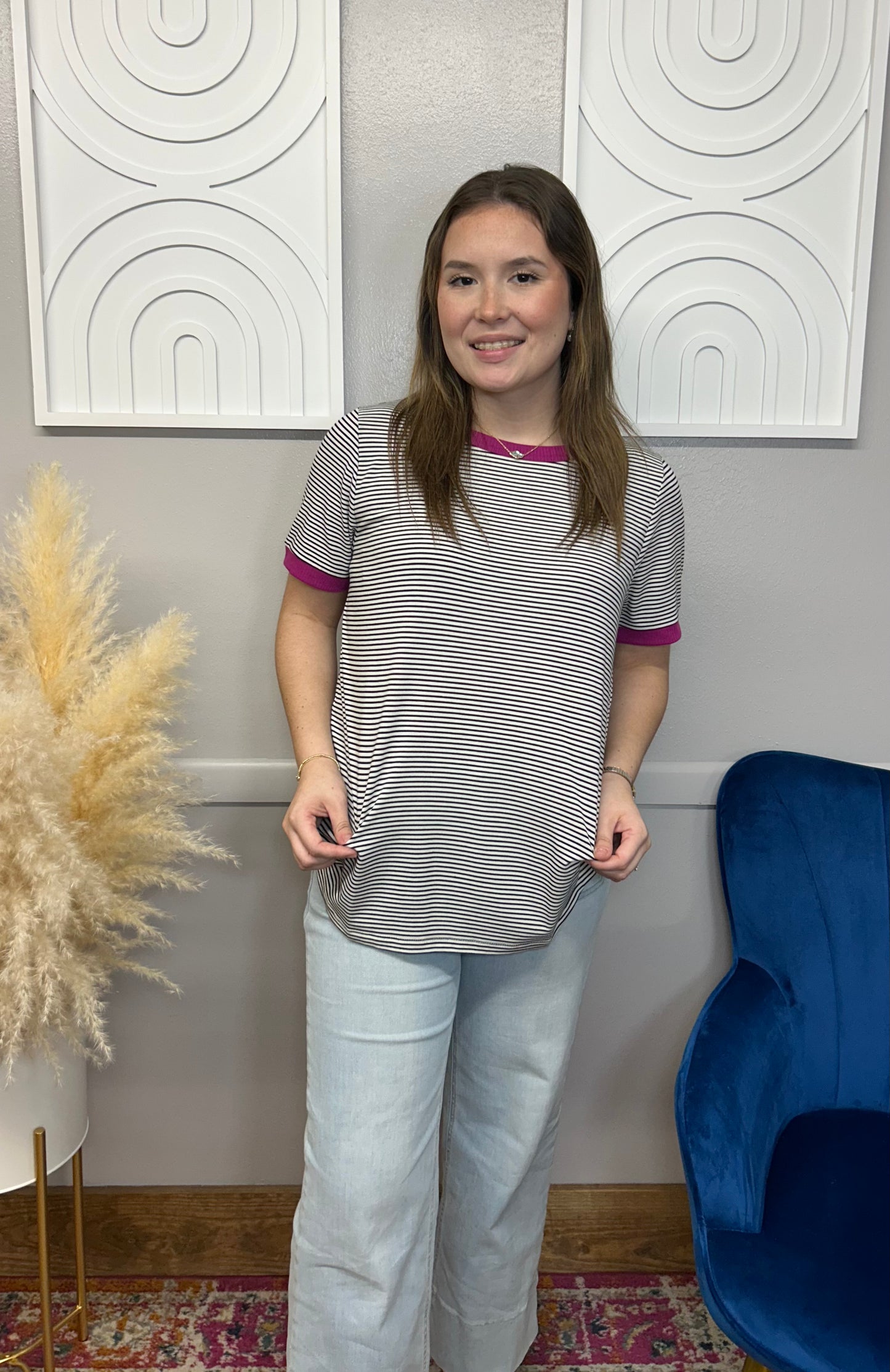 EMMA IVORY/MAGENTA PINSTRIPE TOP