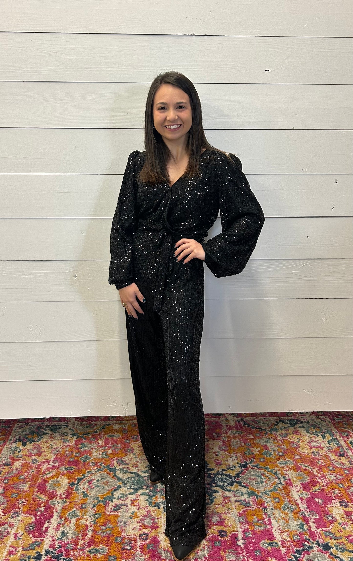HOPE BLACK SEQUIN WRAP JUMPSUIT
