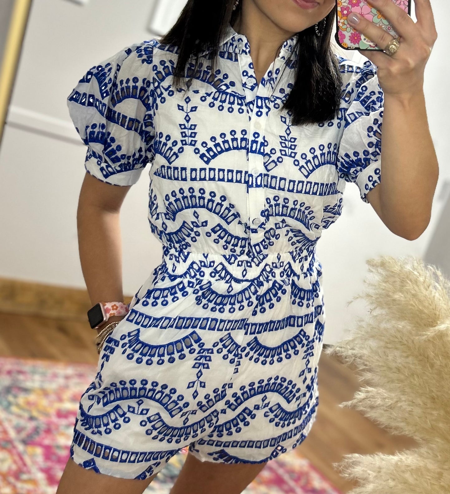 LEAH BLUE/WHT LACE PUFF ROMPER