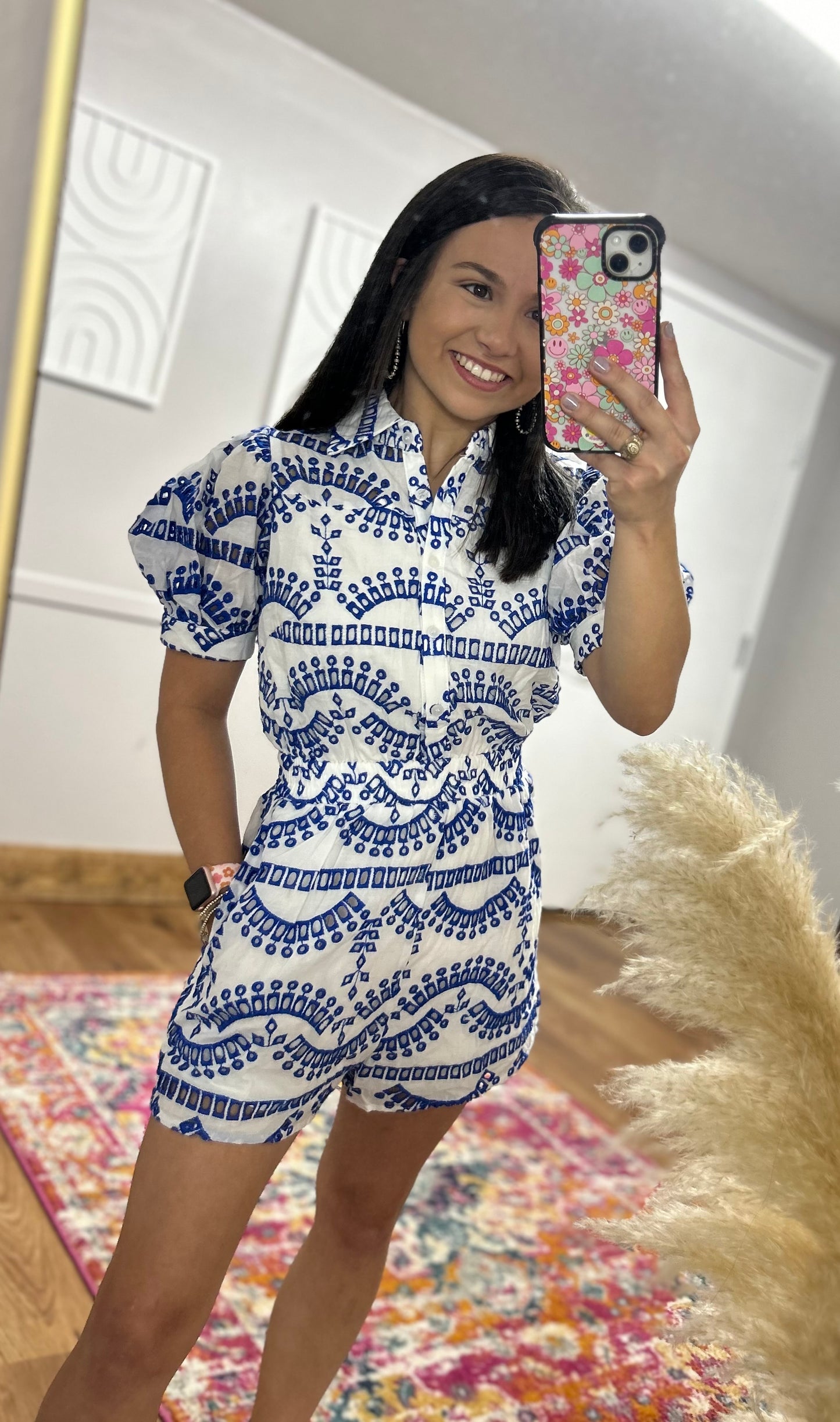 LEAH BLUE/WHT LACE PUFF ROMPER