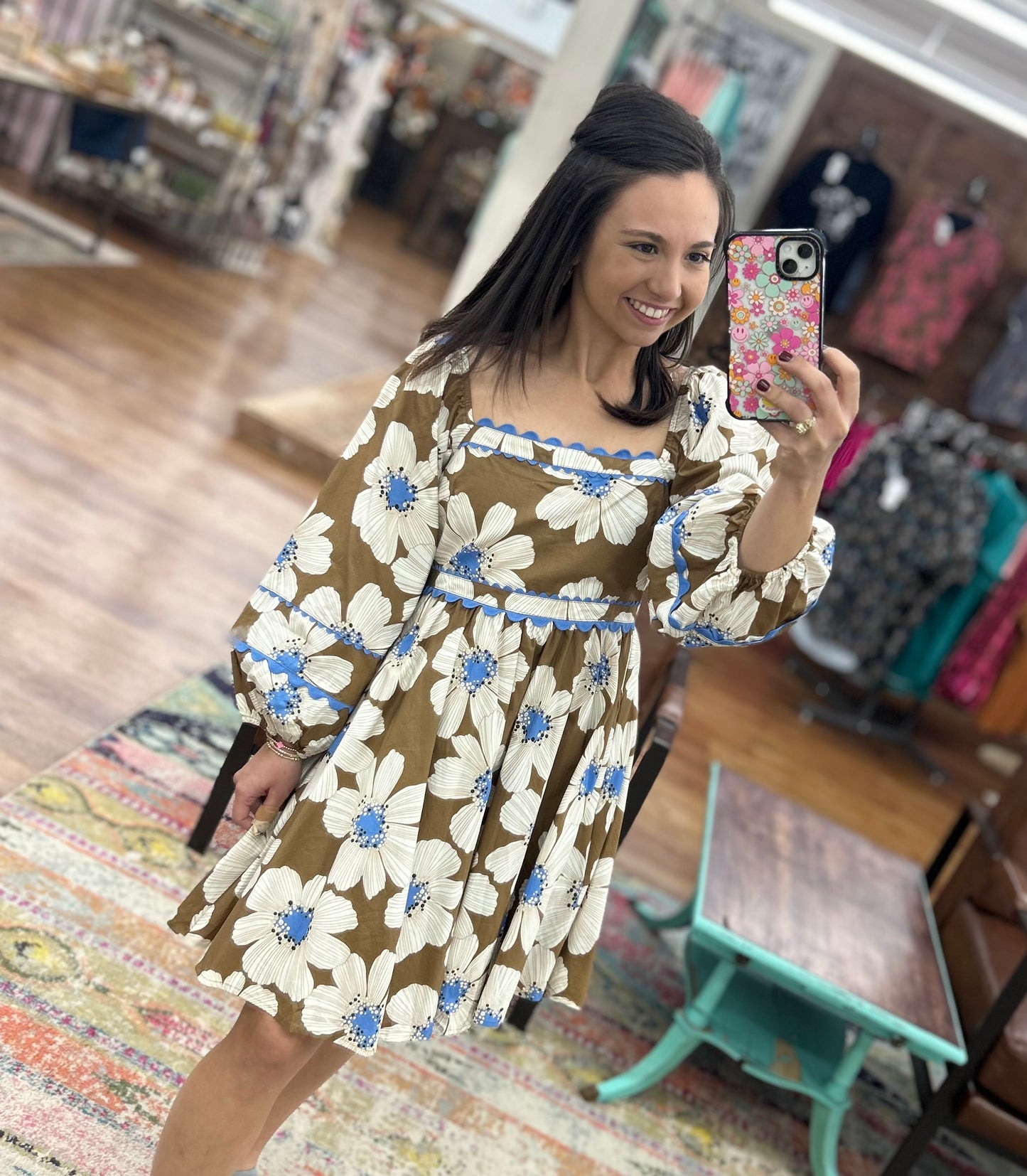BELLA CAMEL/BLUE POPLIN MINI DRESS