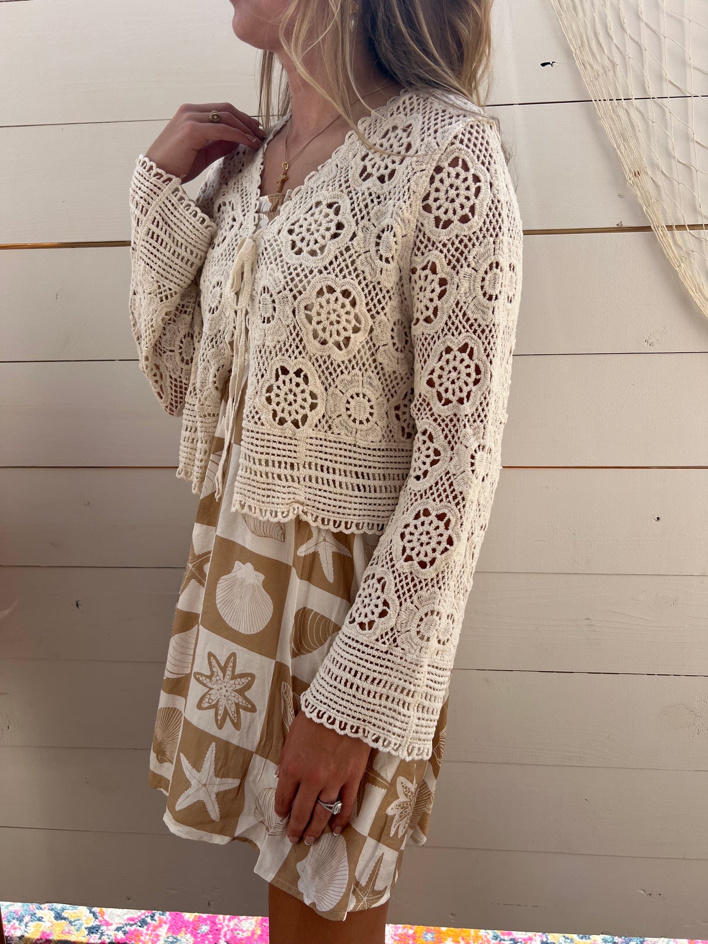 BEIGE CROCHET TIE FRONT CARDIGAN