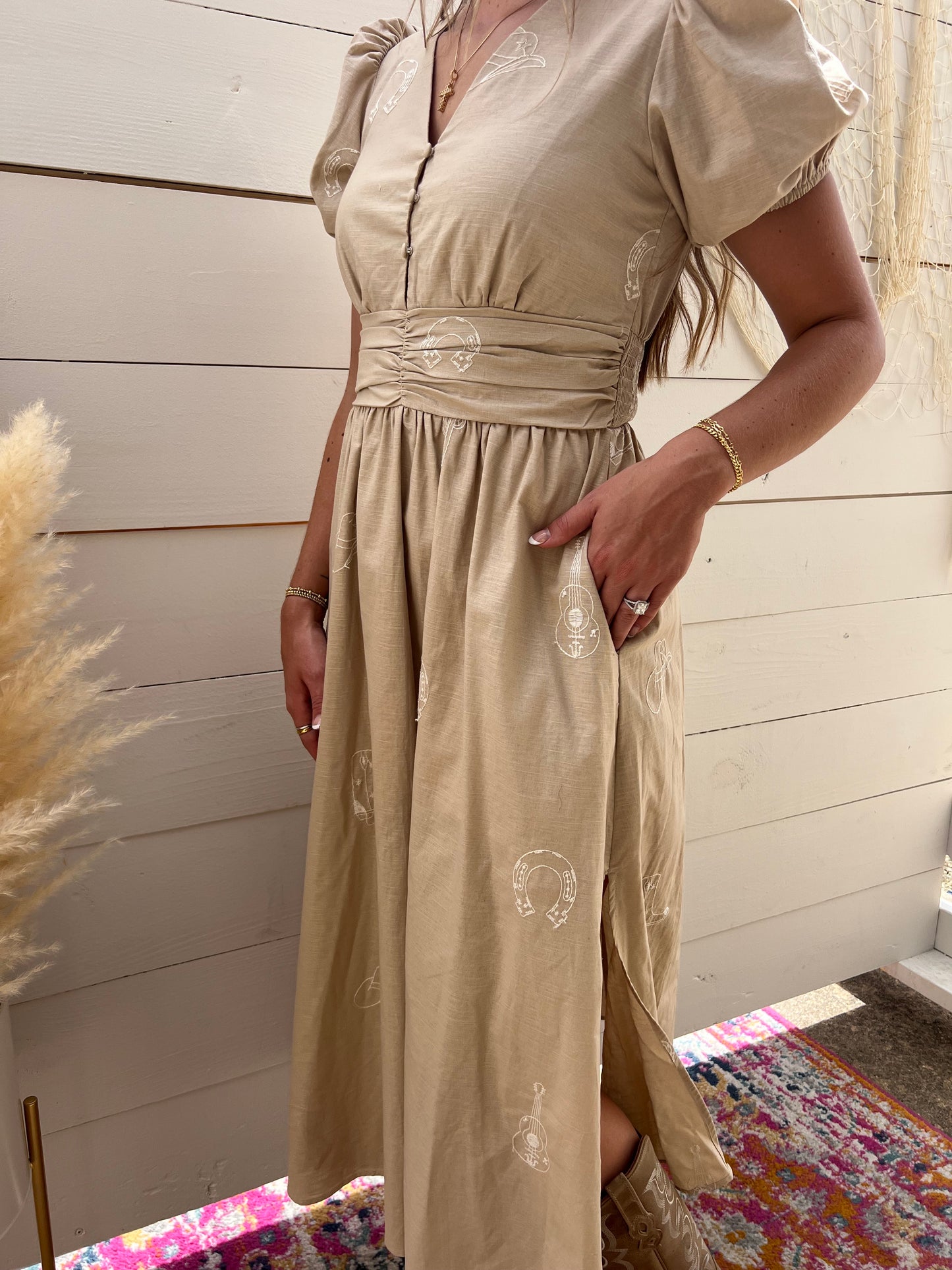 TAN WESTERN EMBROIDERED MIDI DRESS