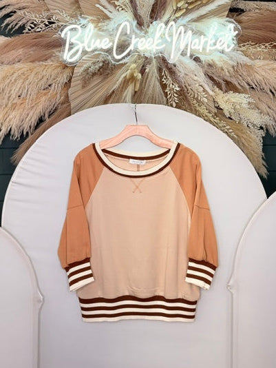 TAN COLOR BLOCK RAGLAND SWEATER