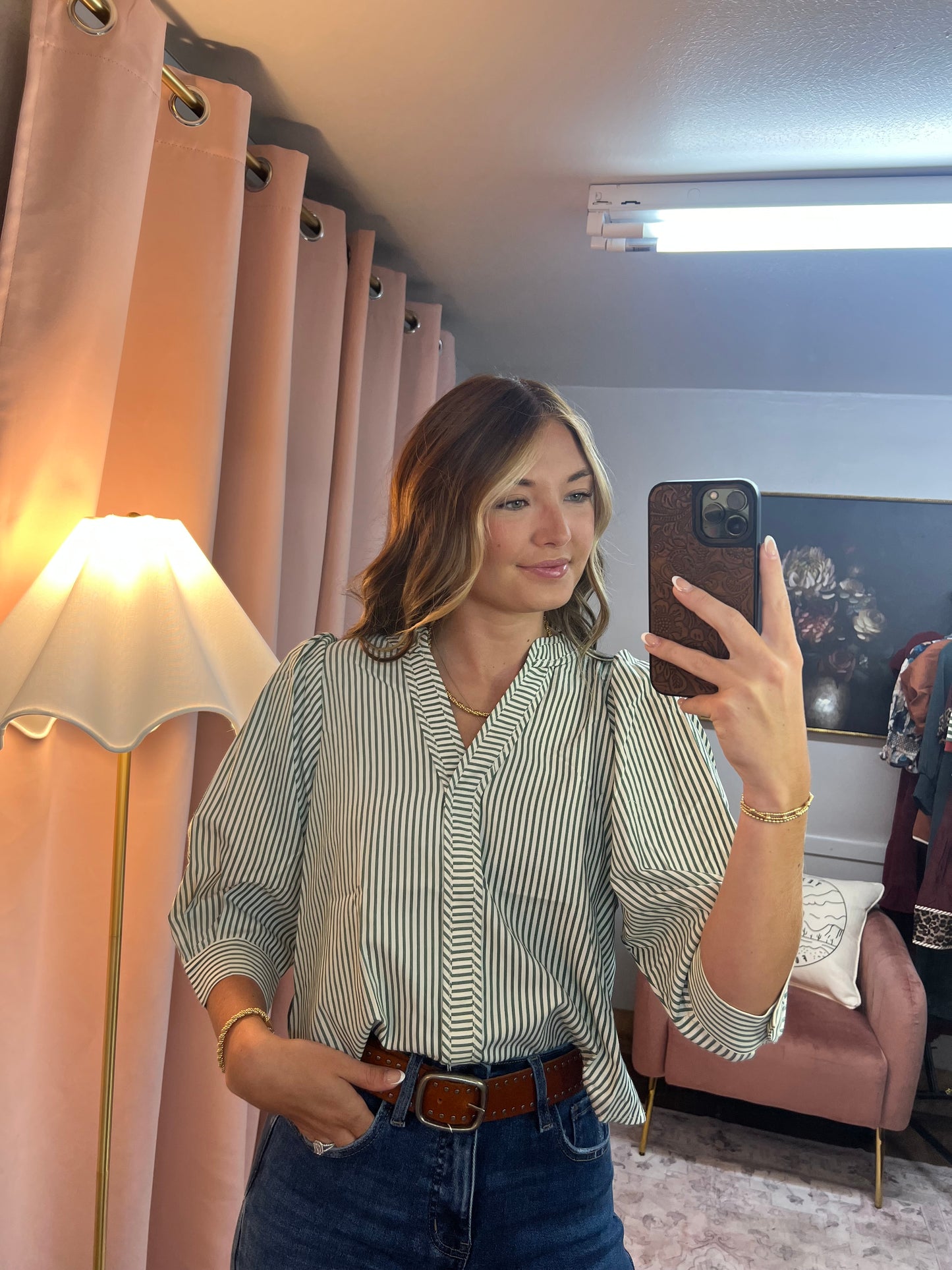 GREEN STRIPED 3/4 SLEEVE BLOUSE