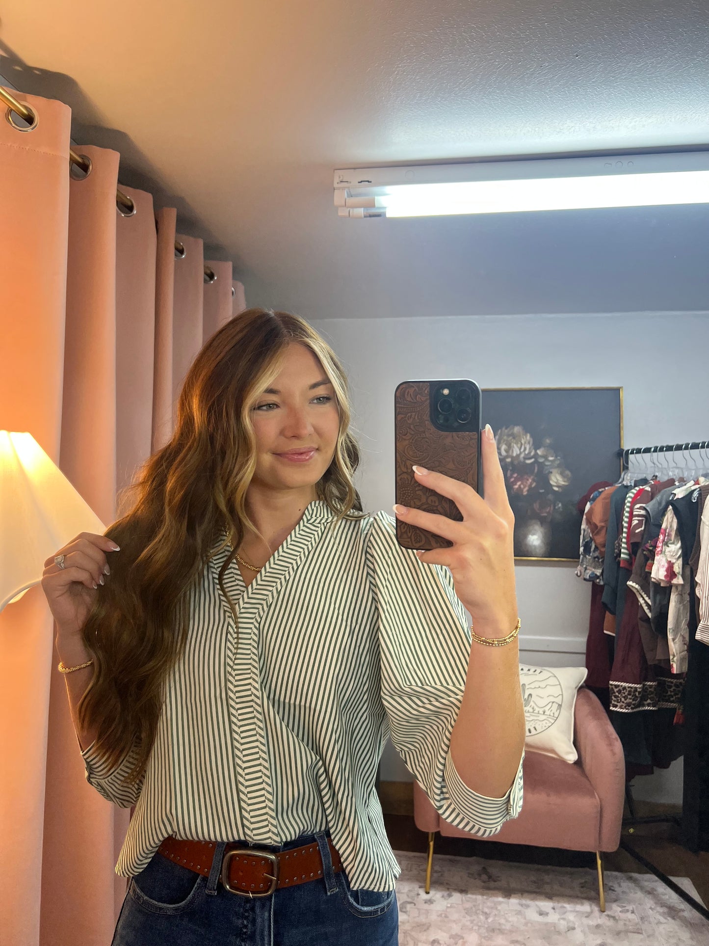 GREEN STRIPED 3/4 SLEEVE BLOUSE