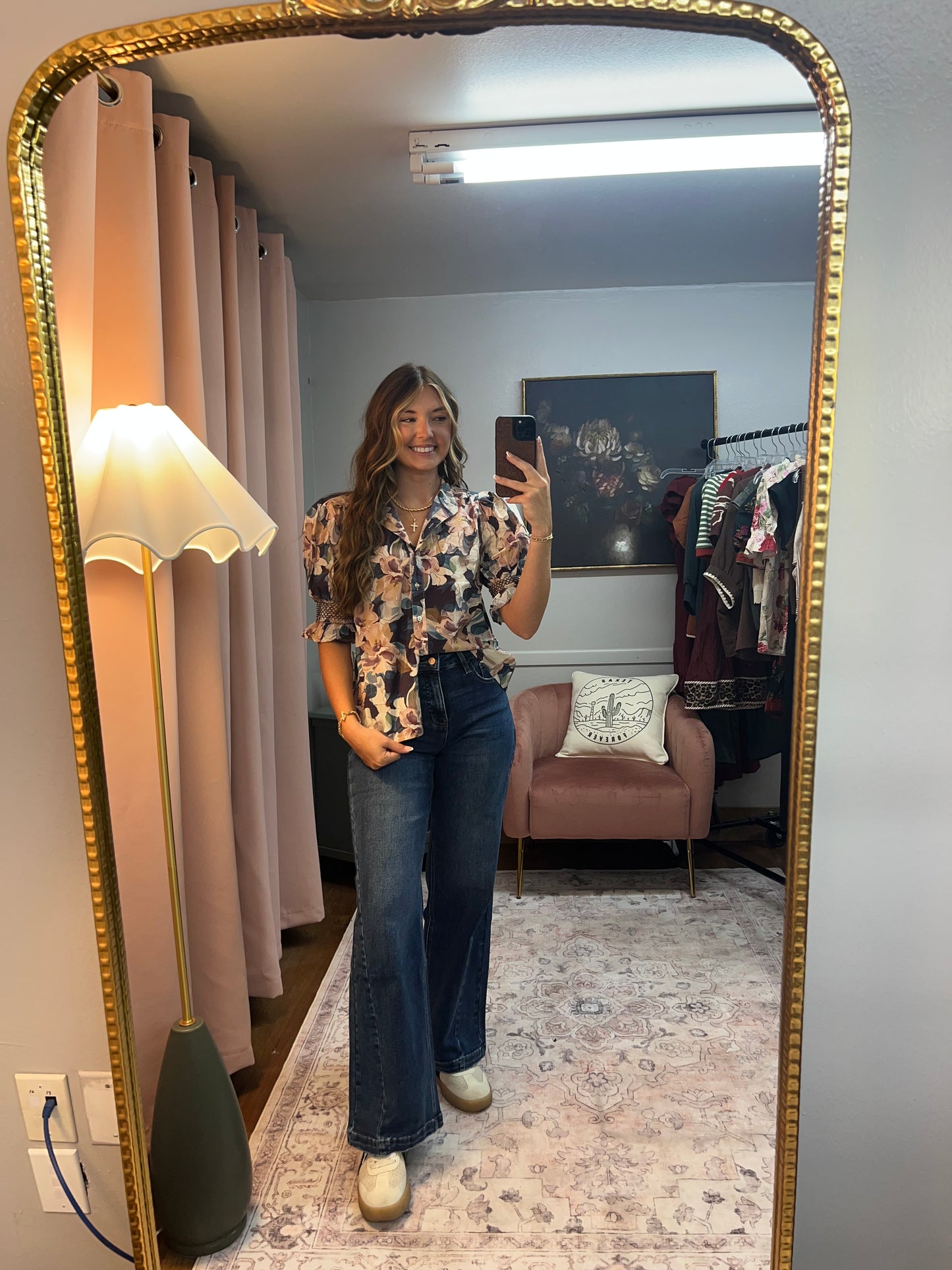NAVY/BLUSH FLORAL BUTTON BLOUSE