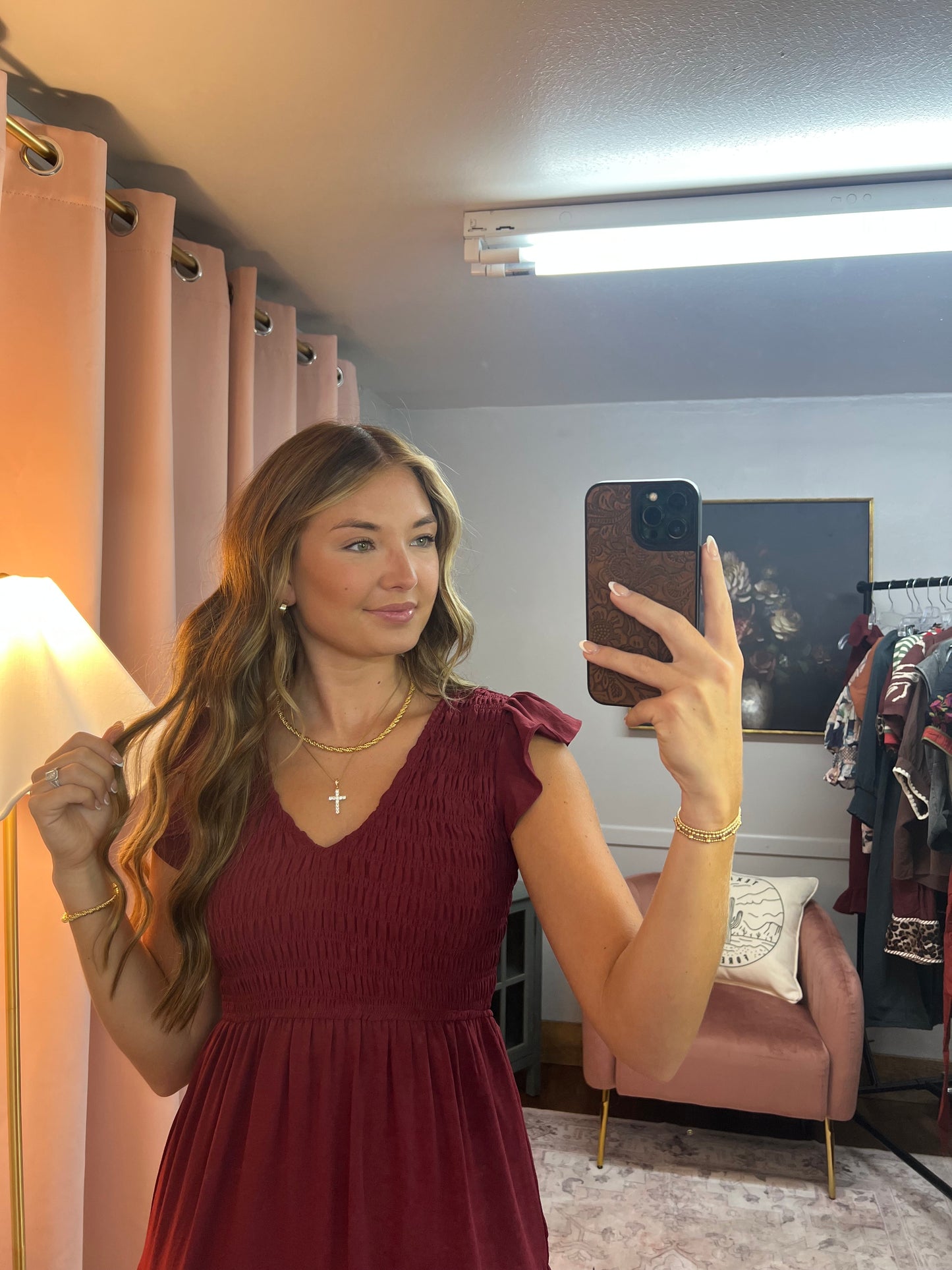 BURGUNDY SMOCK TIERED MAXI DRESS