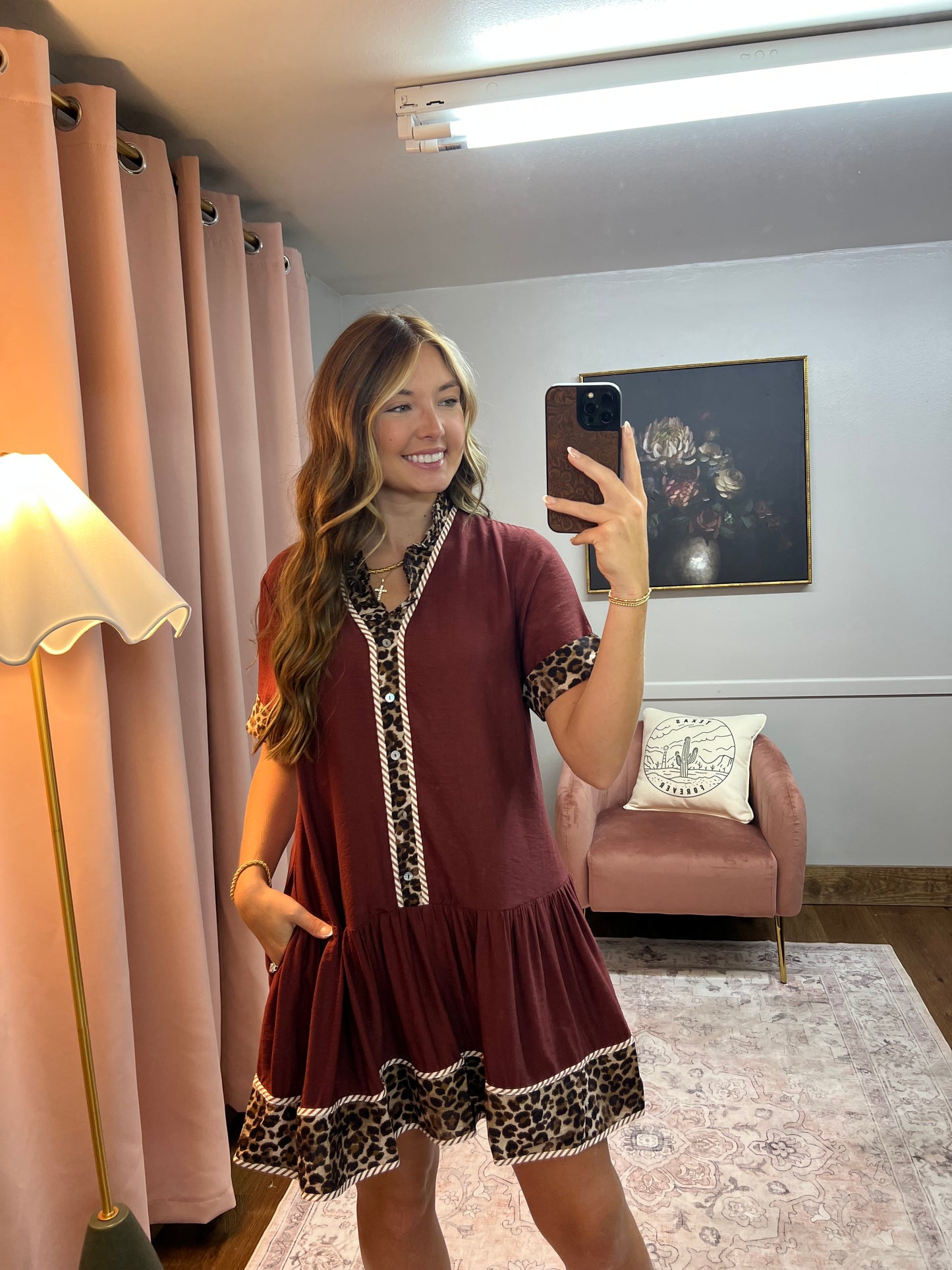 BROWN LEOPARD PLEATED COLLAR DRESS