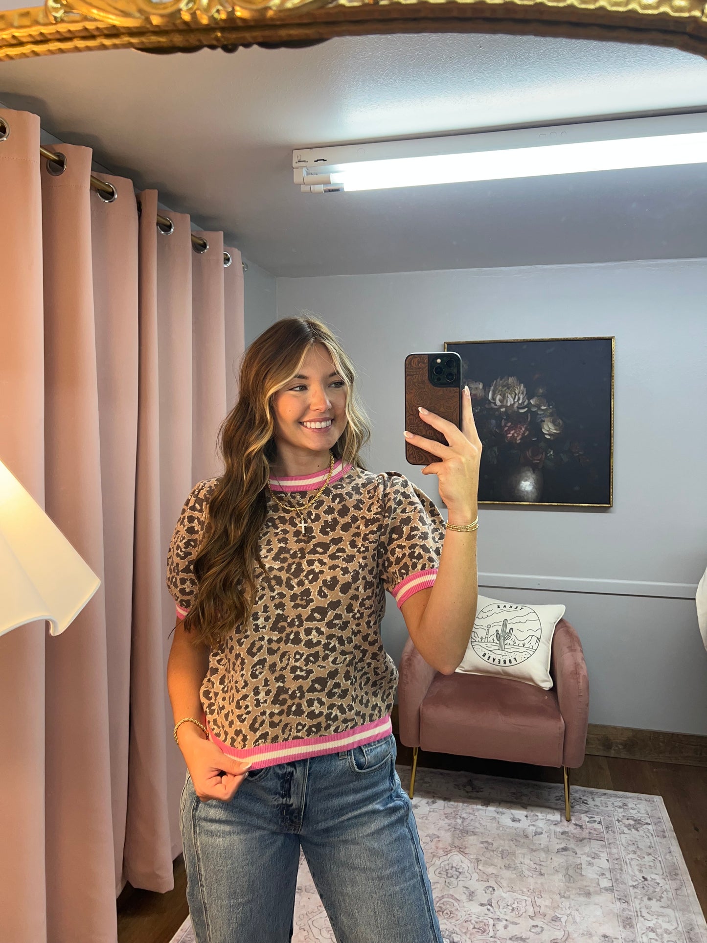 LEOPARD PRINT PINK TRIM KNIT TOP