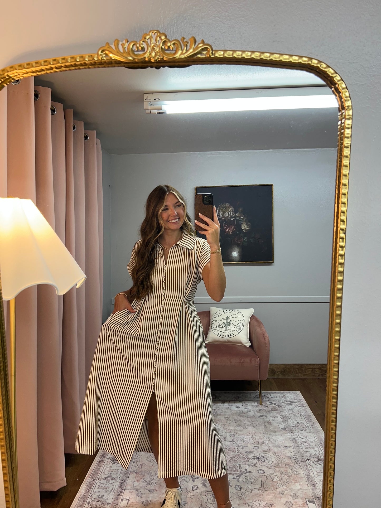 BROWN STRIPED BUTTON MAXI DRESS