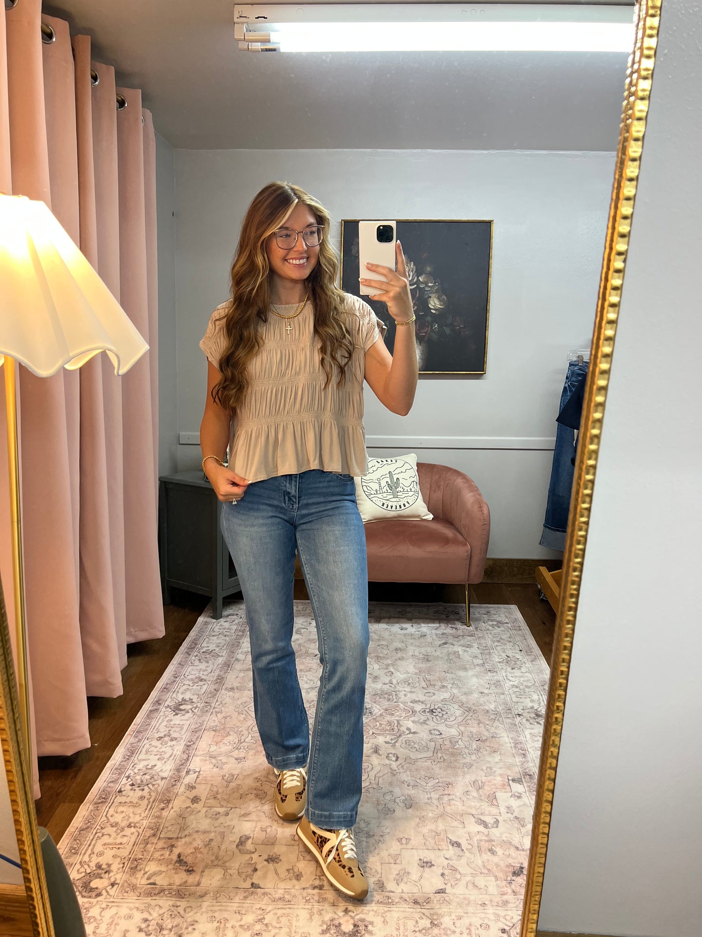 LATTE TAN LOOSE FIT SMOCKED TOP