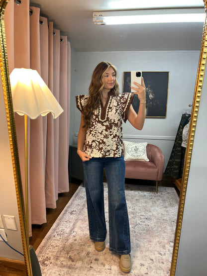 BROWN FLORAL LACE TRIM TOP