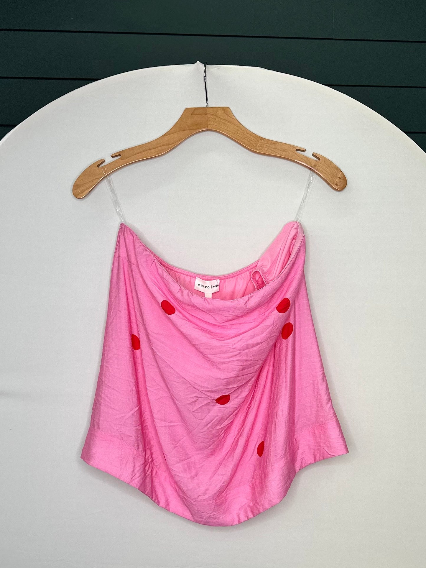 Pink/red polka dot strapless top