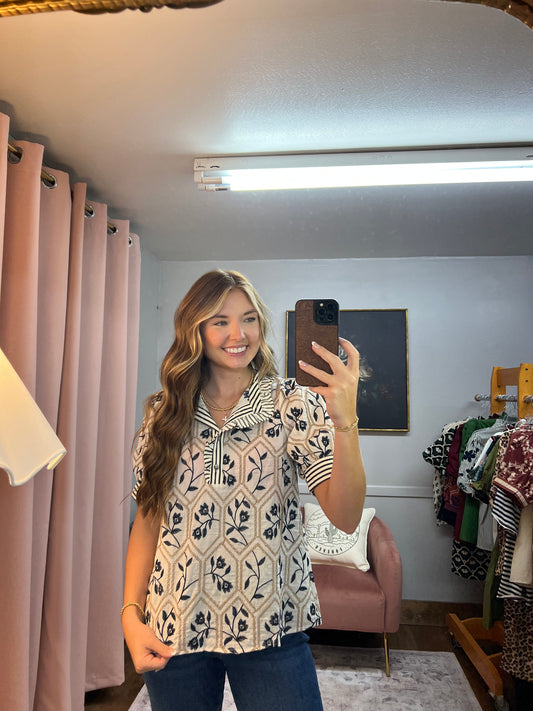 CREAM/NAVY FLORAL EMBROIDERED BLOUSE