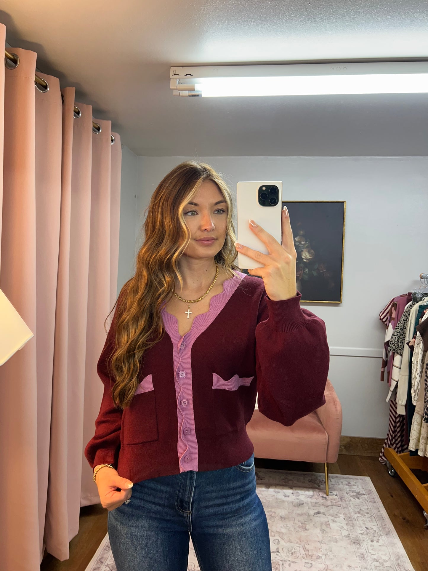 BURGUNDY/PURPLE BUTTON CARDIGAN