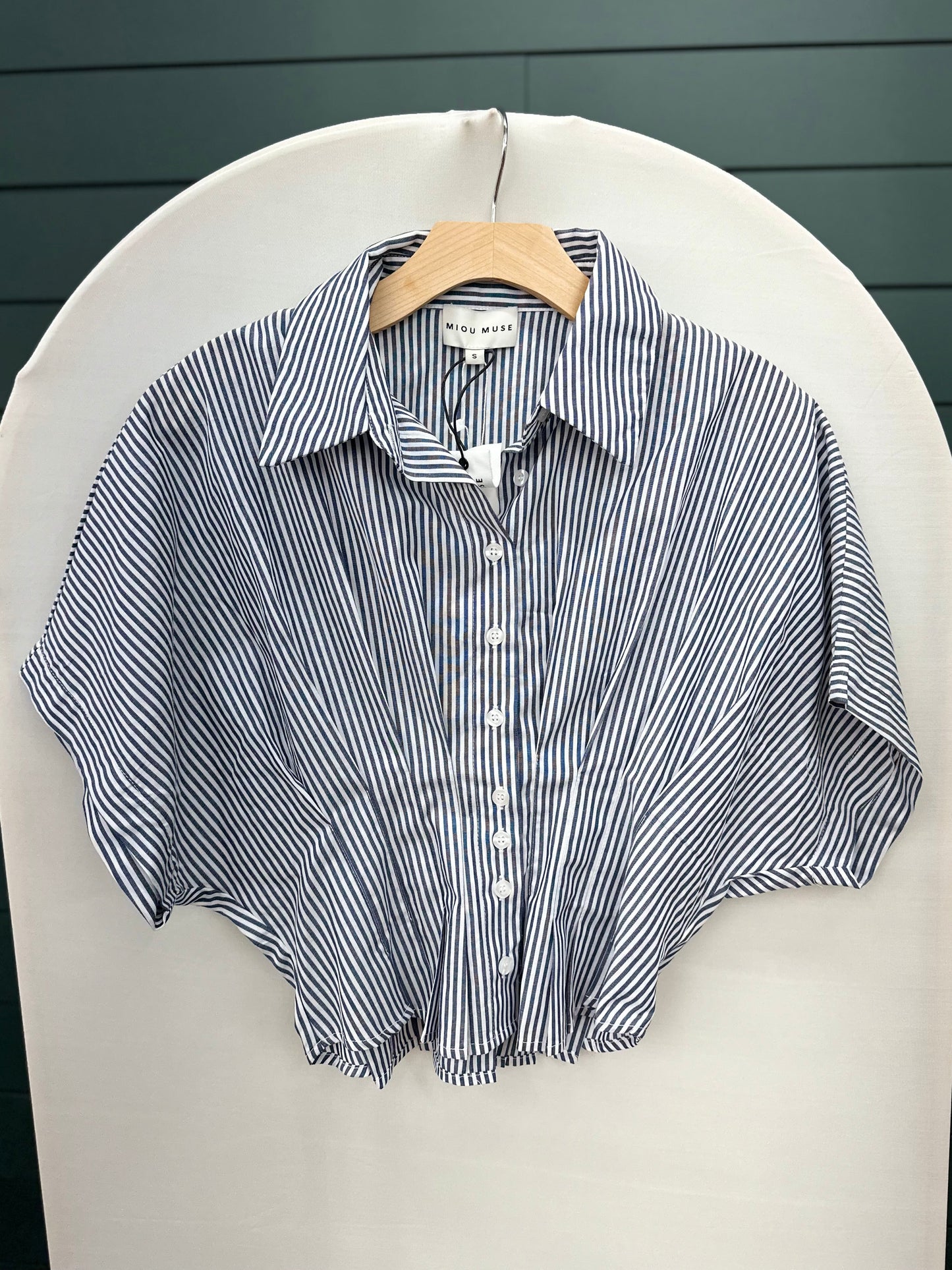 BLUE STRIPE BUTTON PLEATED WAIST