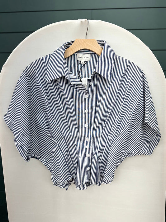 BLUE STRIPE BUTTON PLEATED WAIST