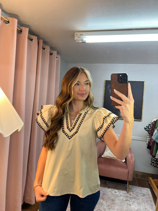 BROWN/BLACK EMBROIDERED TRIM BLOUSE