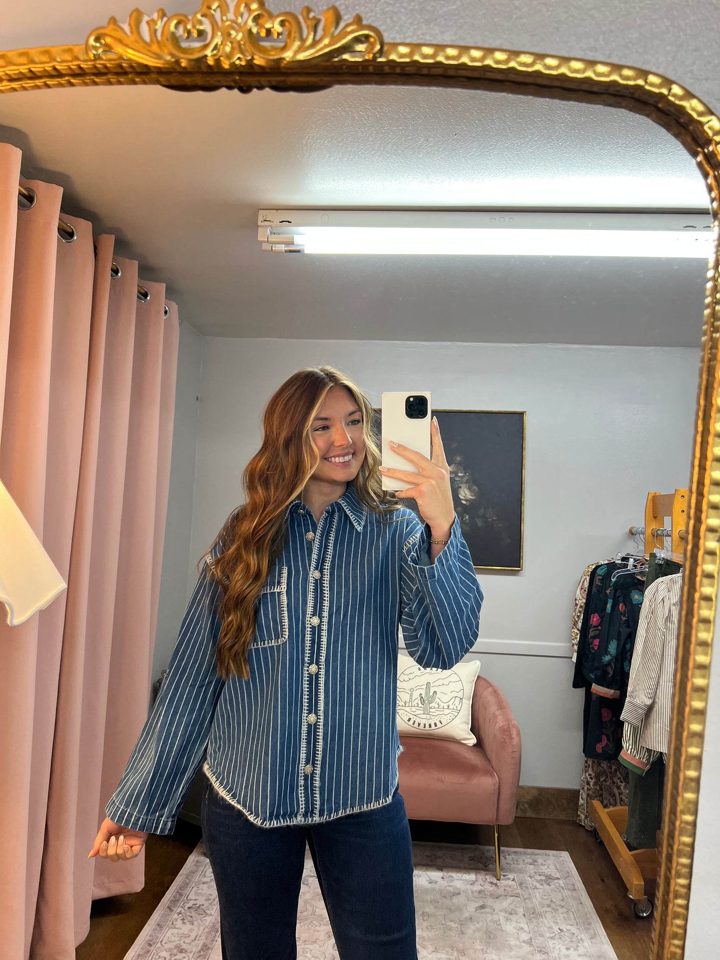 STRIPED DENIM SILVER BUTTON TOP