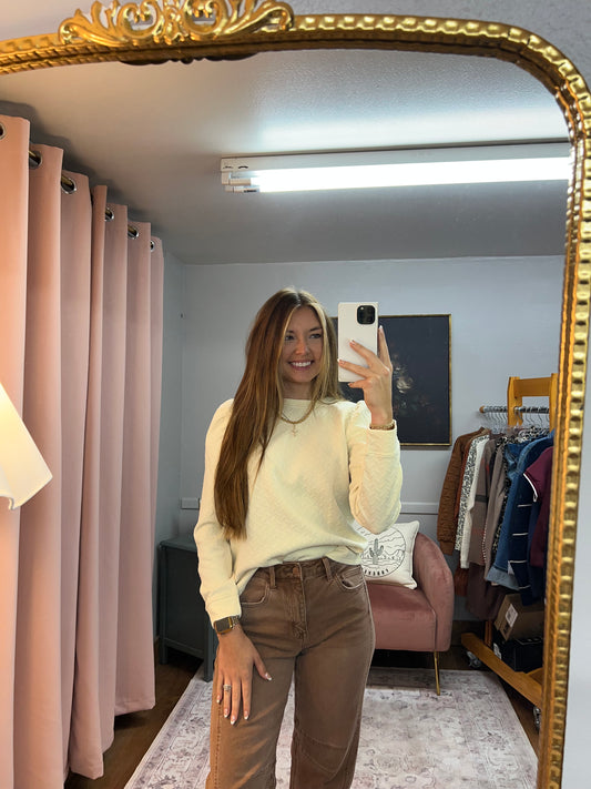 IVORY JACQUARD KNIT PUFF SLEEVE SWEATER