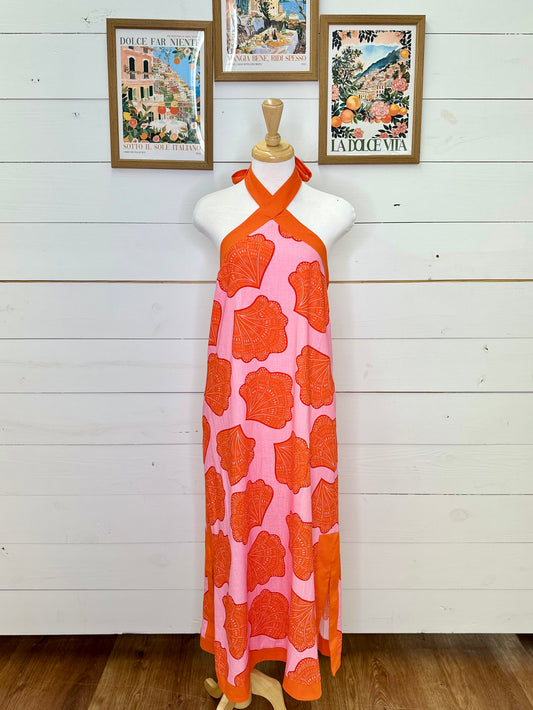 PINK/ORANGE SHELL HALTER MAXI DRESS