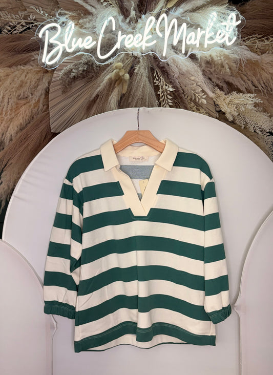 Green Rugby Stripe 3/4 Slv