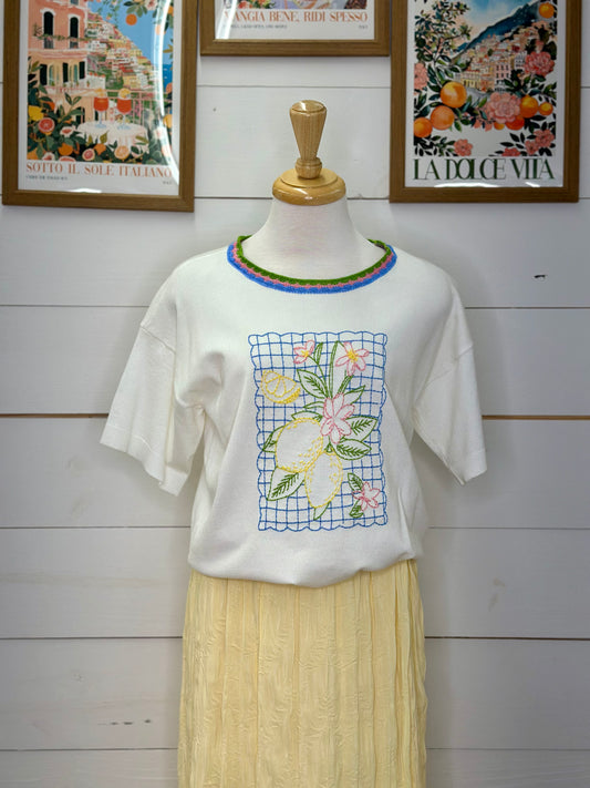 OFF WHITE LEMON EMBROIDERED SHORT SLEEVE