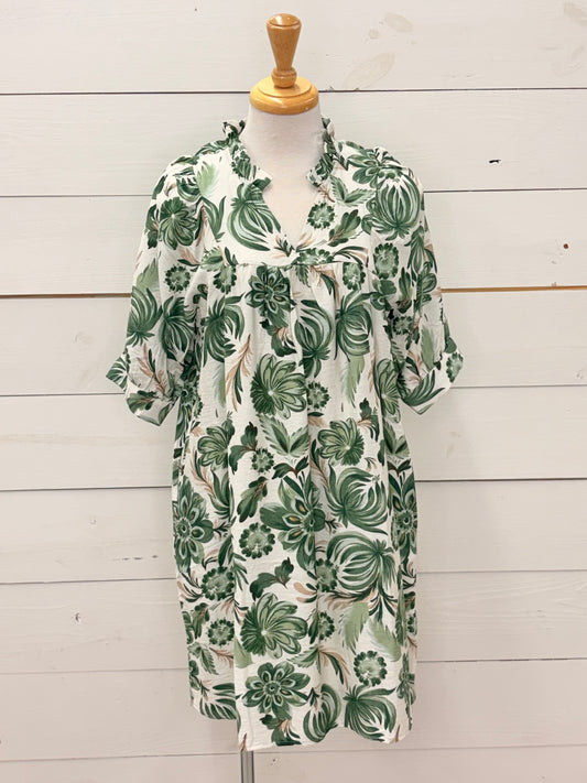 OLIVE RFFL ELBOW SLV DRESS