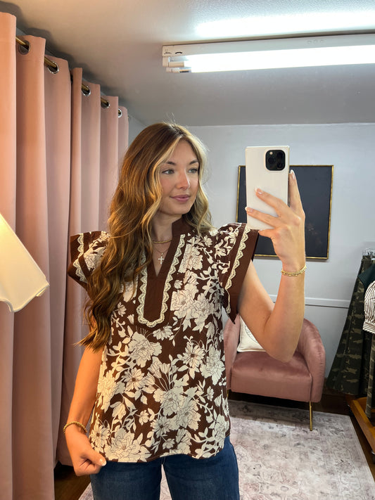 BROWN FLORAL LACE TRIM TOP