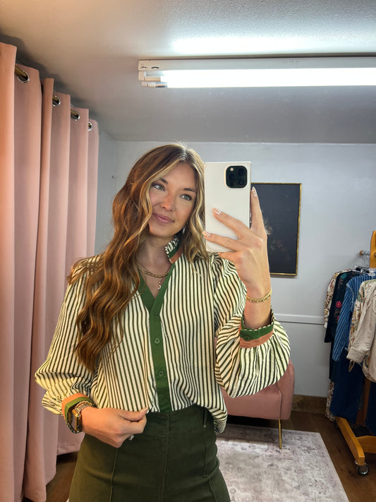 OLIVE STRIPED MAUVE TRIM LONG SLEEVE BLOUSE