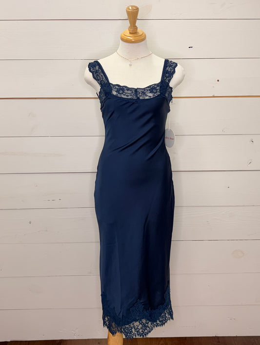 NAVY SATIN LACE TRIM MAXI DRESS