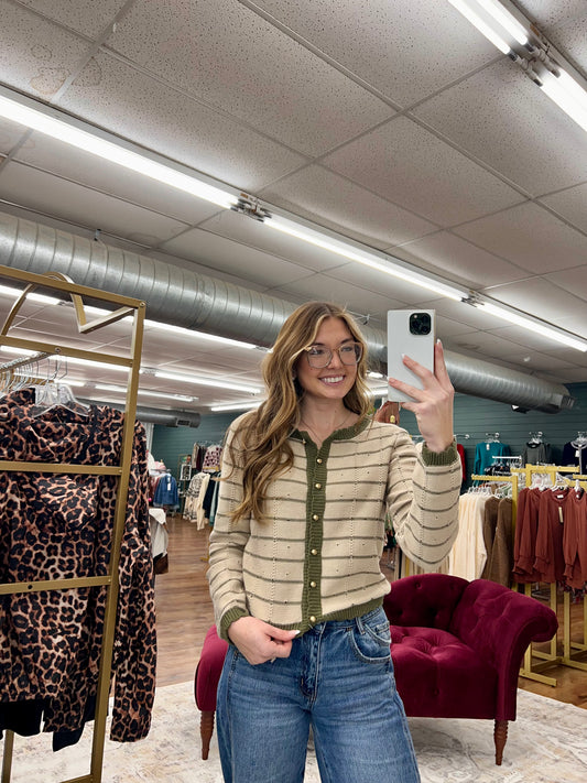 OLIVE TRIM BUTTON UP SWEATER