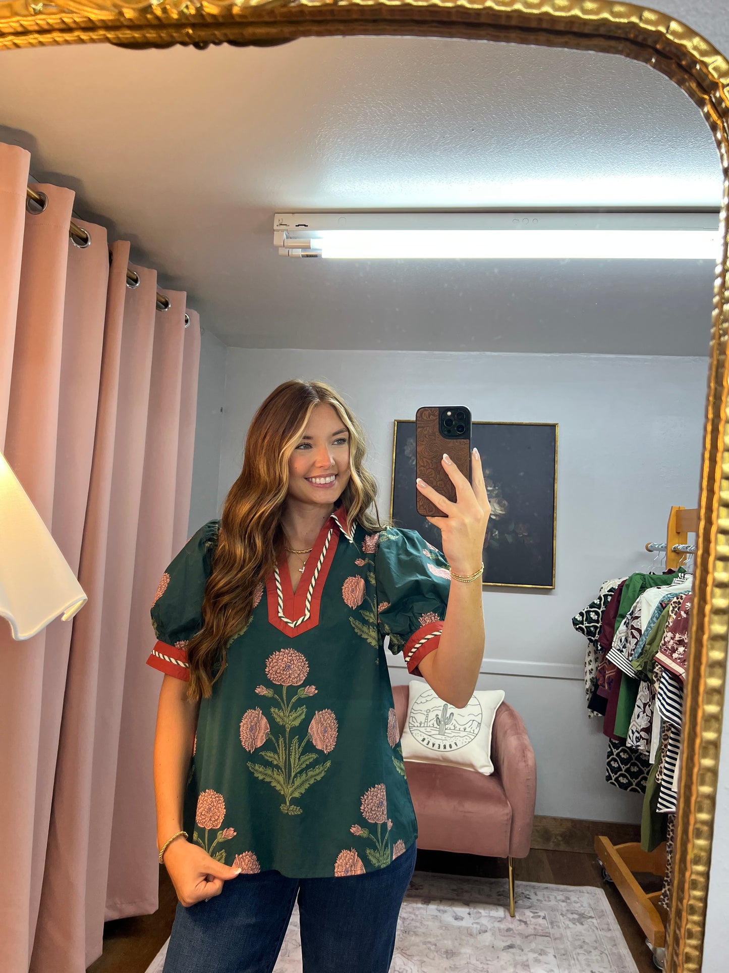 TEAL/CORAL FLORAL STRIPED TRIM BLOUSE