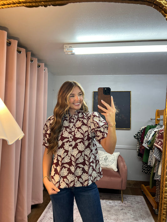 BURGUNDY WHITE FLORAL EMBROIDERED BLOUSE