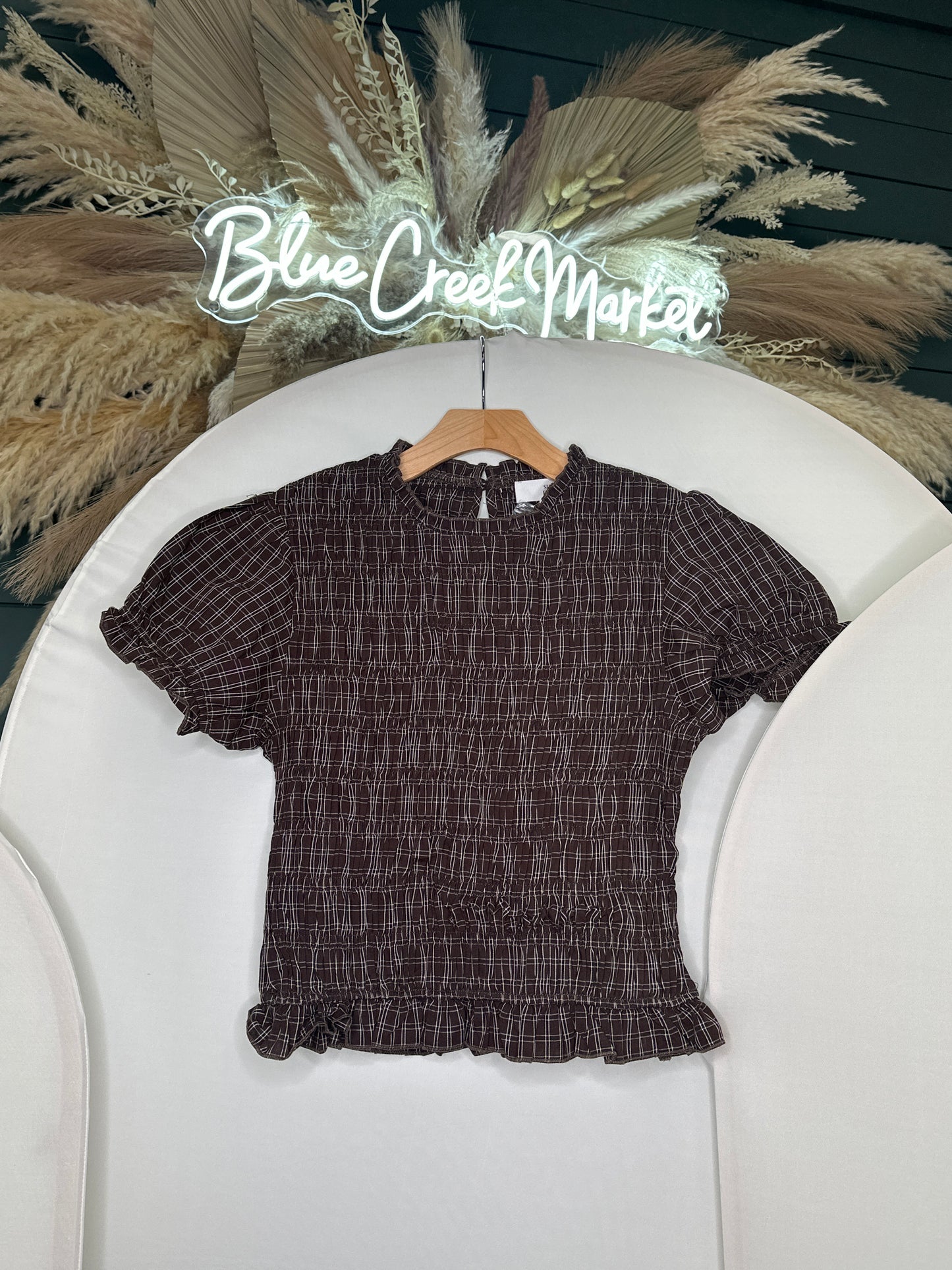BROWN PLAID PUFF SLV SMOCK