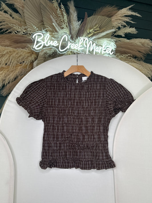 BROWN PLAID PUFF SLV SMOCK