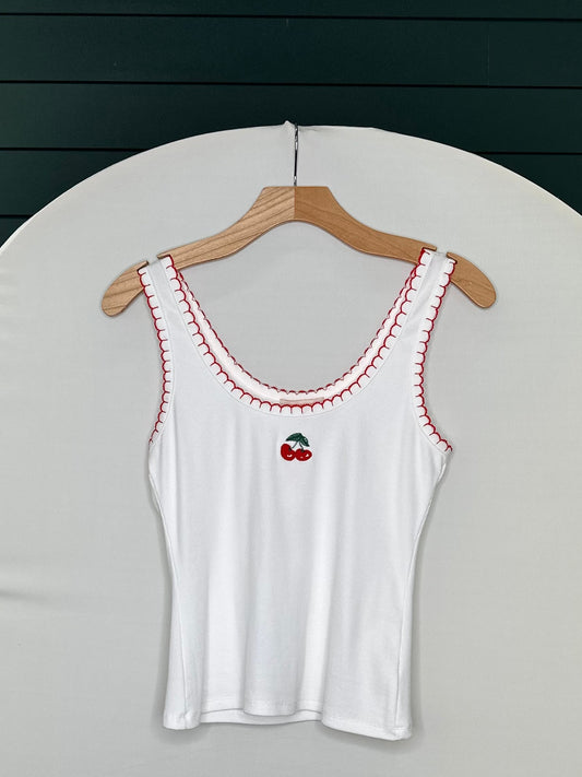 WHITE TANK RED STITCHED CHERRY