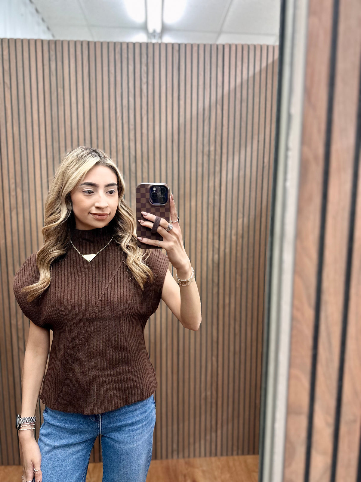 BRWN KNIT RIBBED HIGH NECK