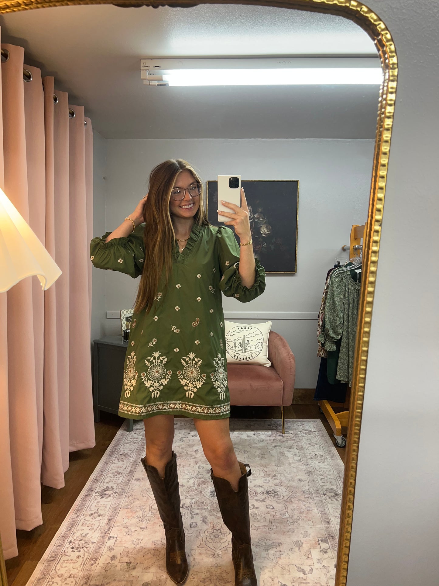 OLIVE FLORAL EMBROIDERED DRESS