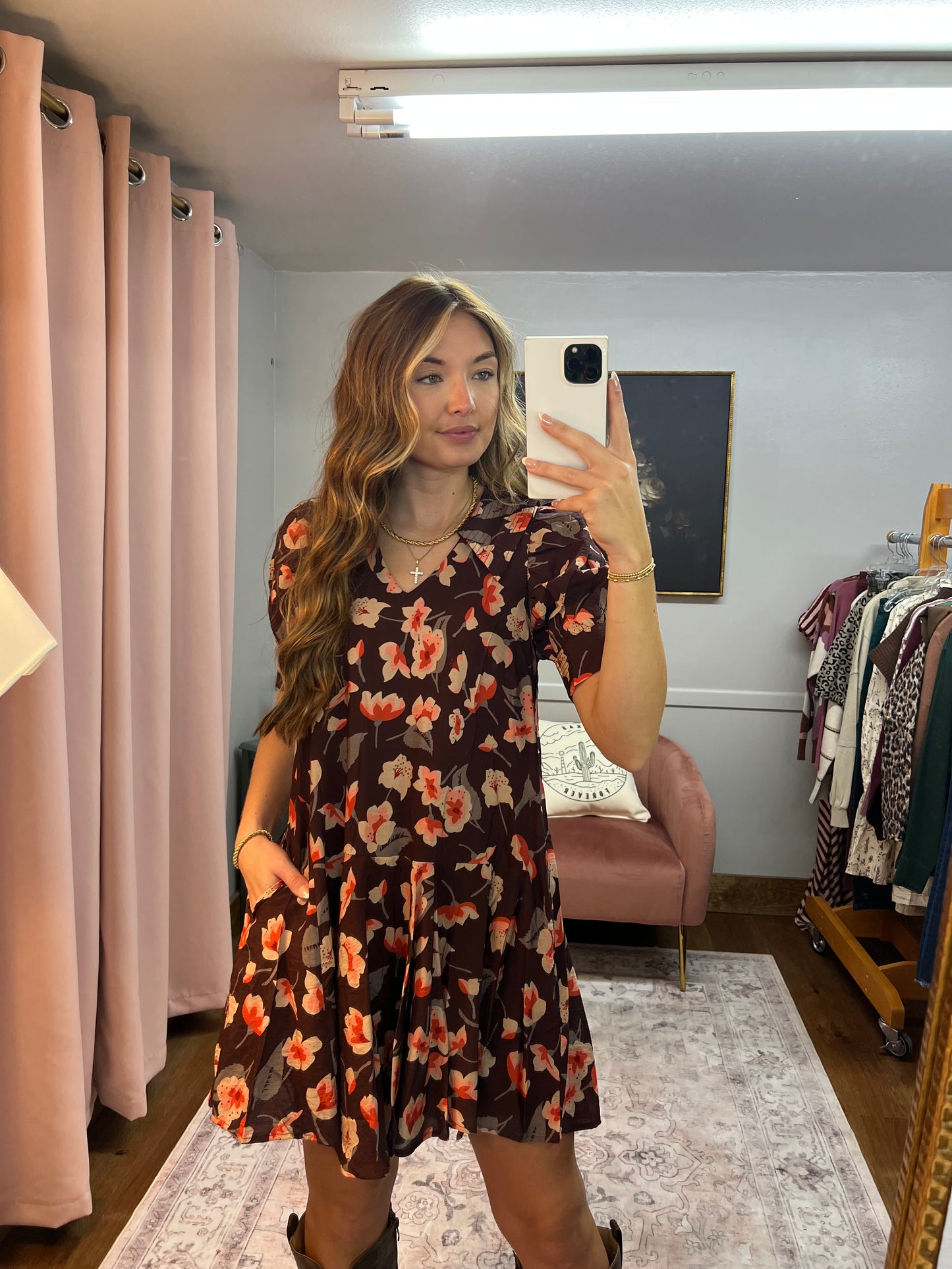 BROWN/PINK FLORAL COLLARED SHORT DRESS